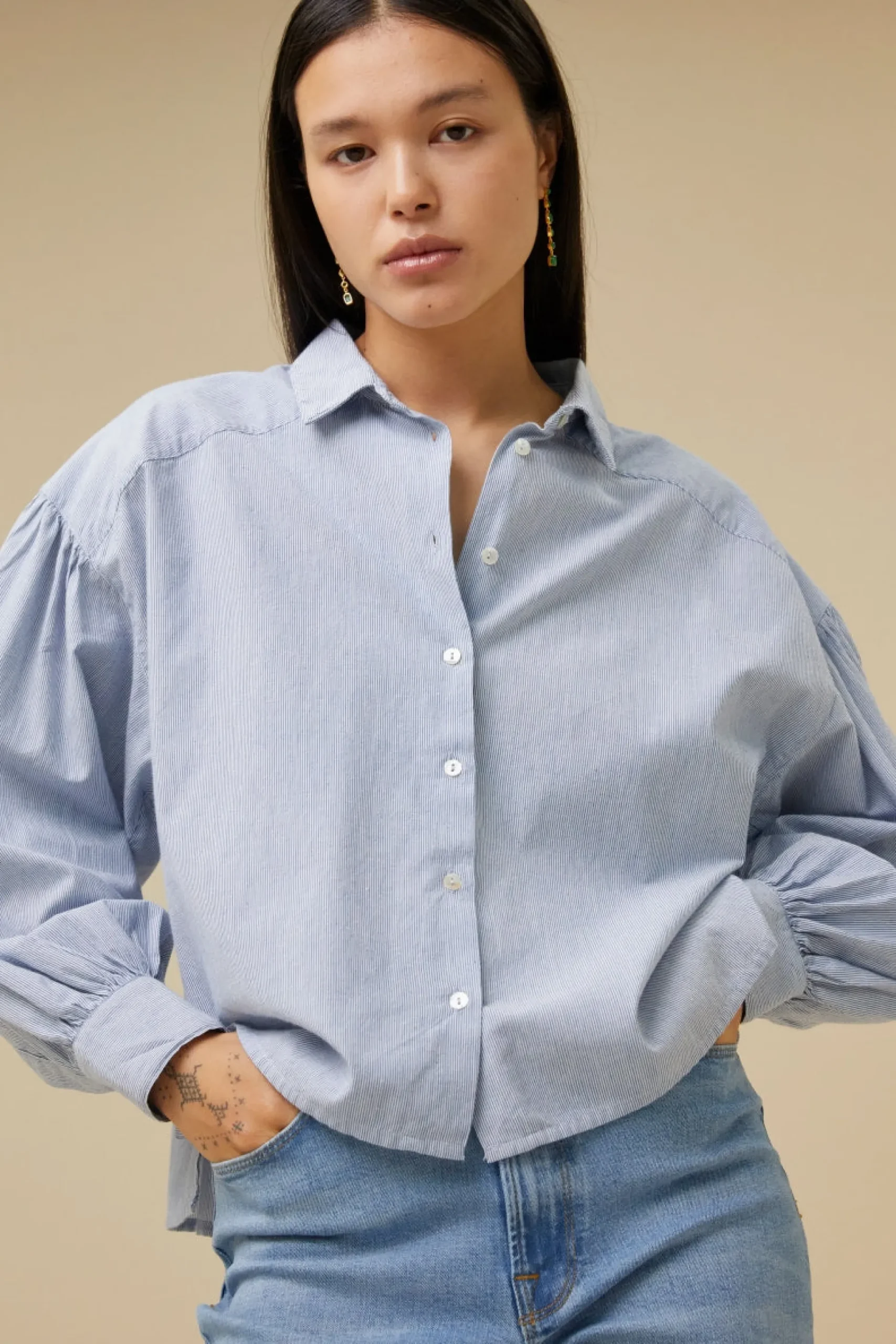 By bar Chemisiers<sarah short pin stripe blouse | indi grey