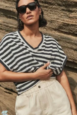 By bar Tops & T-shirts<tammie slub stripe top | jet black